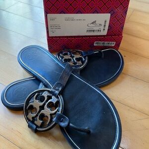 Tory Burch Blue Sandals with Thong Design and Circular Medallion